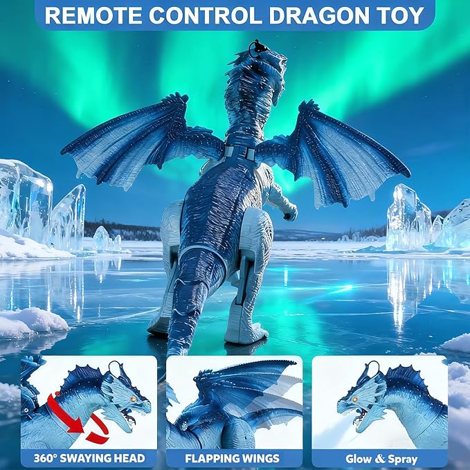 Remote Control Dragon, Dragon for Kids with Spraying, Roaring, Swaying Head, Wings, Light-Up Interactive Robot Dinosaur Toys for Boys and Girls, Blue