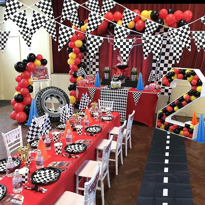 Two Fast Birthday Decro,13ft (2ft Wide)Race Floor Runner(1pc),Racing Checkered Flags (12pcs),16ft Black and White Checkered Banner(1pc),Racing Themed Party Centerpiece Supplies.Two Fast Decorations.Lightning Mcqueen Birthday Decorations