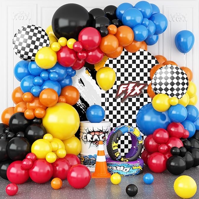 Racing Theme Balloons Arch Garland Kit, Blue Red Black Checkered Pattern Flag Foil Balloon, Racing Themed Decorations for Boys Birthday Party Baby Shower