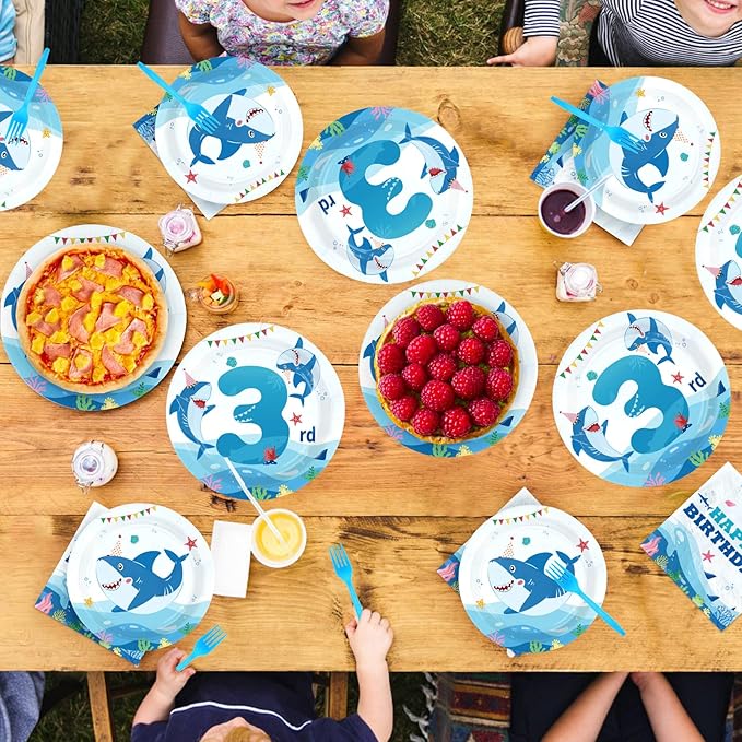 96Pcs Shark 3rd Birthday Party Supplies Blue Ocean Shark Plates and Napkins Under The Sea Tableware Set for Kids 3 Years Old Blue Ocean Theme Birthday Party Supplies，Serves 24