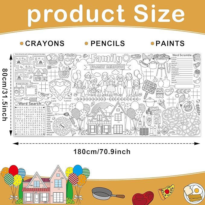 Family Reunion Giant Coloring Poster for Large Coloring Tablecloth Big Paper Sheets Page Theme Table Cloth DIY Activity Game Art Crafts Mat Wall Home Party Decoration Supplies