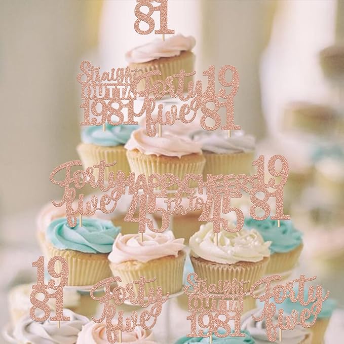 30PCS 45th Birthday Cupcake Toppers Glitter Forty Five Happy 45 Straight Outta 1981 Cupcake Picks for Cheers to 45 Years 45th Birthday Anniversary Party Cake Decorations Supplies Rose Gold