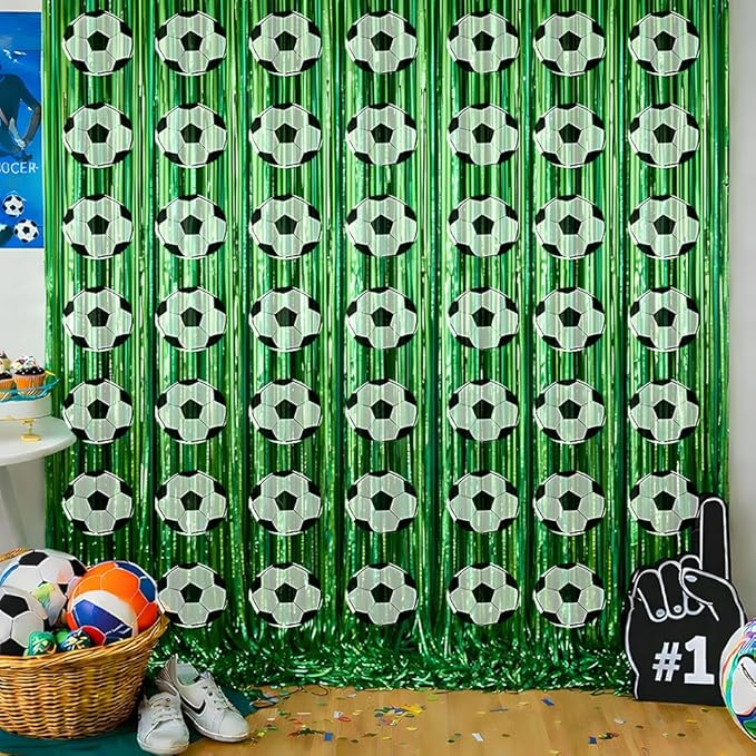 Soccer Birthday Party Decorations - Green White Tinsel Streamers Backdrop Banner | Soccer Party Favors Supplies Indoor Outdoor - Football Birthday Party Accessories for Wall Door