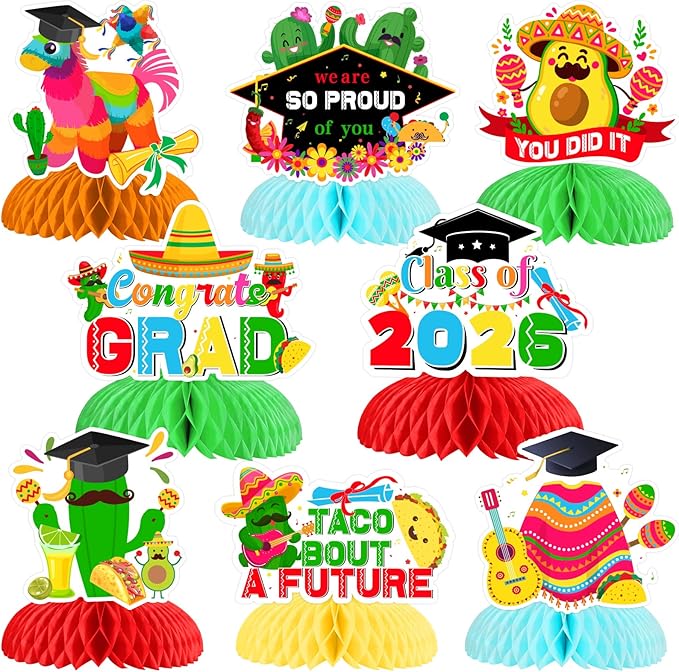 JOYMEMO 8 Pieces Mexican Graduation Honeycomb Centerpieces, Fiesta Graduation Party Decorations 2026, Taco Bout A Future Table Toppers for Congrats Grad Class of 2026 Party Supplies