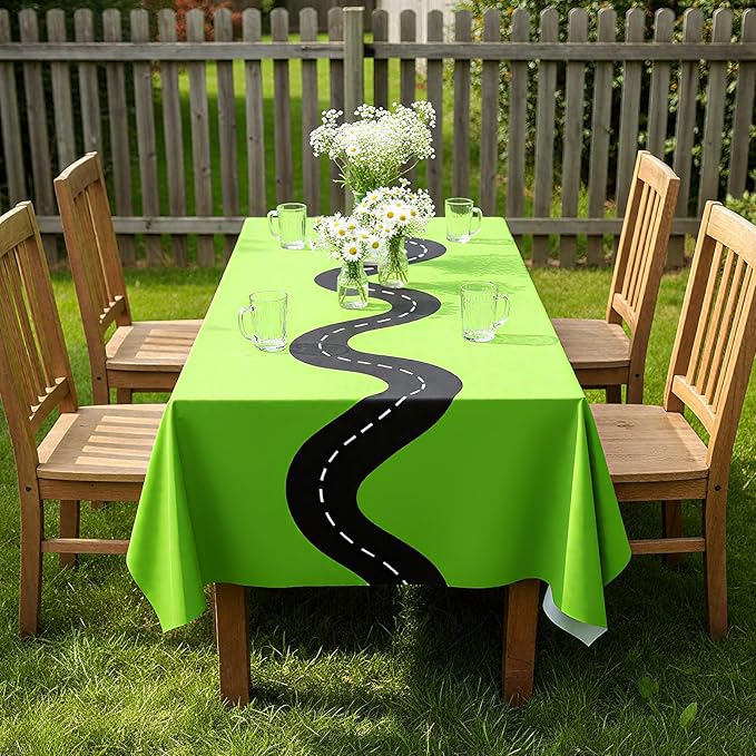 Irenare 3 Pcs Racing Table Cloths Car Birthday Party Supplies 54 x 108 Inch Racetrack Table Runner Covers Disposable Rectangular Road Tablecloth for Kids Boy Car Theme Party Decor (Green)