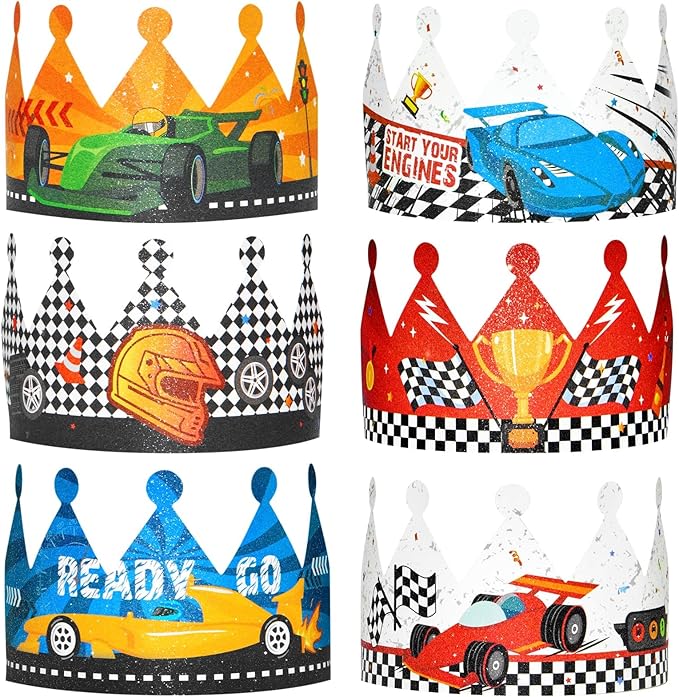 WERNNSAI Race Car Birthday Party Hats - 12PCS Birthday Party Supplies Crowns with Elastic Band Colorful Paper Party Crowns for Racing Theme Party Favors