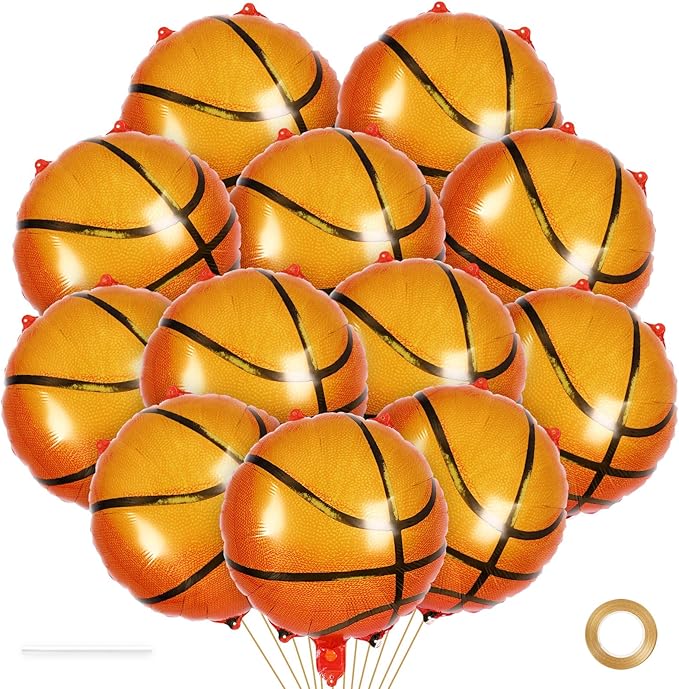 12 Pcs Basketball Balloons,18 Inch Basketball Foil Balloons,Sports Mylar Balloon Basketballs Birthday Decorations for Sports Theme Party Supplies