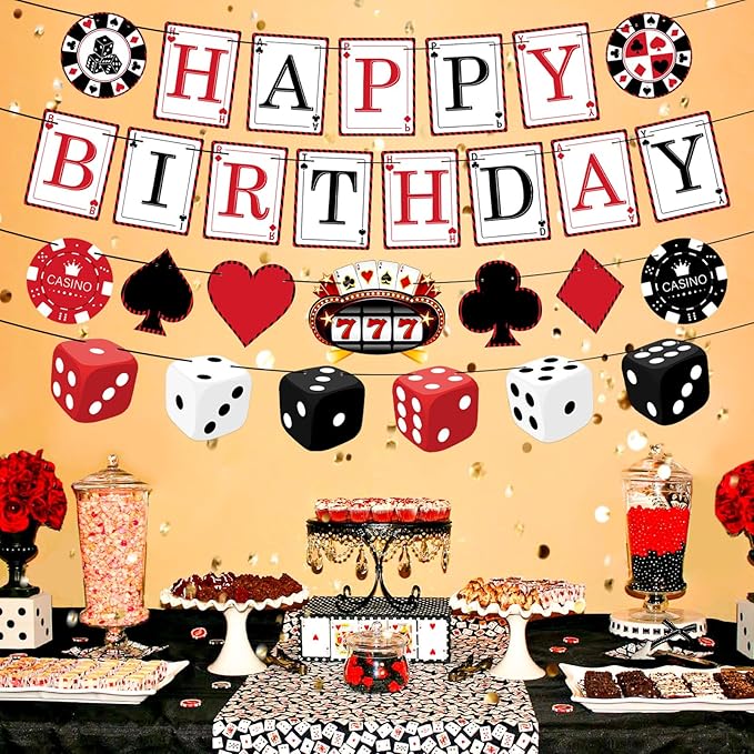 Pre-Strung Casino Party Decorations NO DIY Poker Happy Birthday Banner Casino Theme Banners Las Vegas Poker Night Party Supplies