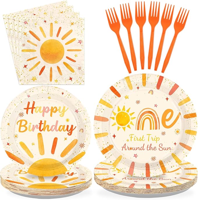 96Pcs First Trip Around the Sun Party Decorations for Girl Boho Sun 1st Birthday Plates and Napkins Sets The Sunshine Number 1 Birthday Decorations for Boho Boys One Year Old Party Supplies Serves 24