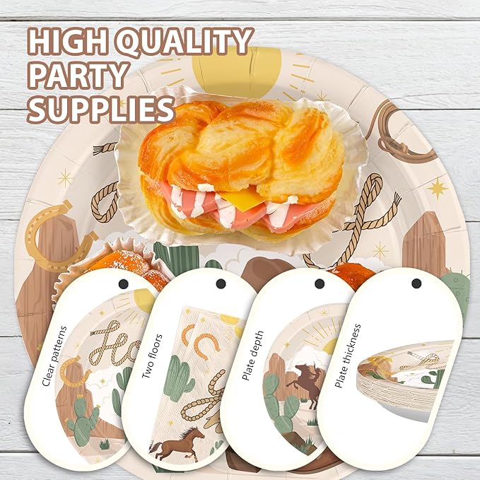 96 Pcs Western Rodeo Party Supplies 350 GSM Western Cowboy Plates and Napkins Howdy Cowgirl Tableware Set for Yeehaw Western Wild West Theme Birthday Party Decorations Baby Shower Favors Serves 24