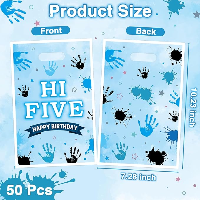Hi Five Party Favor Bags - 50Pcs Blue High 5 Year Old Goody Candy Treat Gifts Bags 5th Birthday Painting Decorations for Boys Girls Kids Five Years Old Birthday Baby Shower Supplies