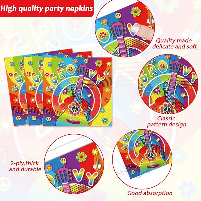 96 PCS 60’s Party Hippie Tableware Set Groovy Plates Napkins 60s Hippie Themed Decorations Peace Love Tie Dye Style 70s Disposable Paper Tableware Birthday Party Supplies Favor for 24 Guests