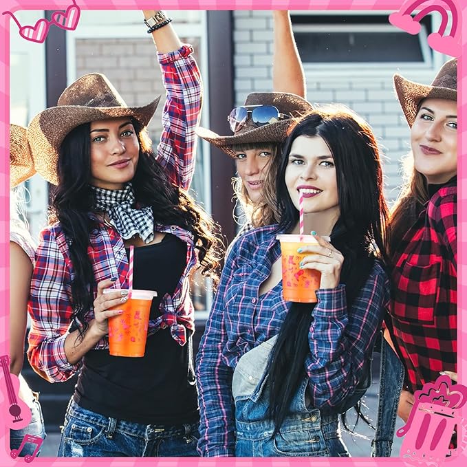 Yungyan 50 Sets Pink Cowgirl Plastic Cups with Lids and Straws 16 oz Disco Cowgirl Coffee Juice Drinking Cups for Western Party Decoration Wedding Birthday Bachelorette Party Supplies