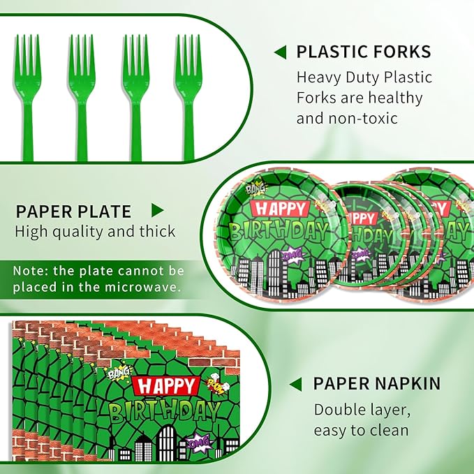96 Pcs Cartoon Turtle Theme Birthday Decorations Include Turtle Plates,Napkins and forks for Super Turtle Birthday Party Supplies Serve 24 Guests.