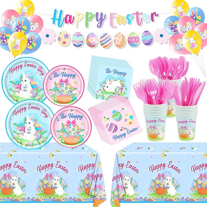 185 Pcs Easter Party Supplies Easter Party Decorations Tableware Set Serves 24, with Easter Bunny Plates Napkins Cups Forks Knives Spoon Tablecloth Banner Balloons for Spring Eater Party Decorations