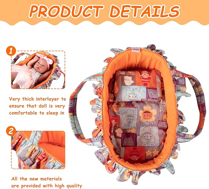 Doll Carry Cot Set, Soft 3PC Set Includes Cot, Mattress and Pillow, Orange Cartoon Doll Bassinet, Fits for 10-12 Inch American Girl Dolls