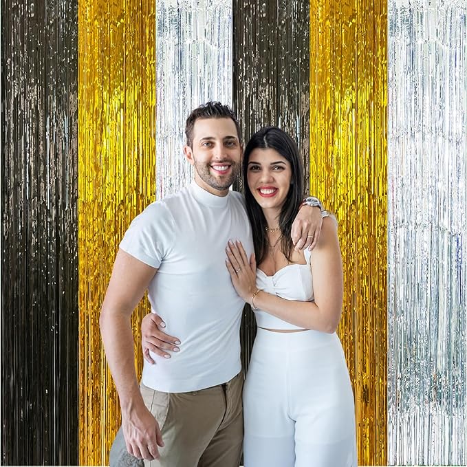 2 Pack Construction Foil Fringe Curtains, 3.3x6.6 Ft Black Gold and Silver Tinsel Backdrop Party Decorations Door Streamers for Birthday Wedding Engagement Decor,Photo Booth Props