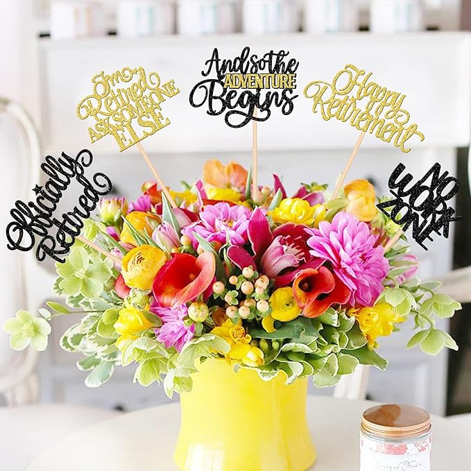 15 PCS Happy Retirement Centerpiece Sticks Officially Retired Table Flower Centerpieces Sticks No Work Zone Adventure Begins Floral Decorations for Retirement Birthday Party Centerpieces Black Gold