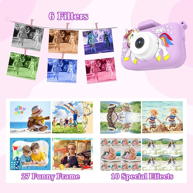 Kids Camera for 3-9 Year Old Boys Girls, Children Digital Camera with Cute Cartoon Soft Cover & 32GB SD Card, Best Christmas Birthday Gifts for Grandkids, Halloween Party Favors for Kids - Purple
