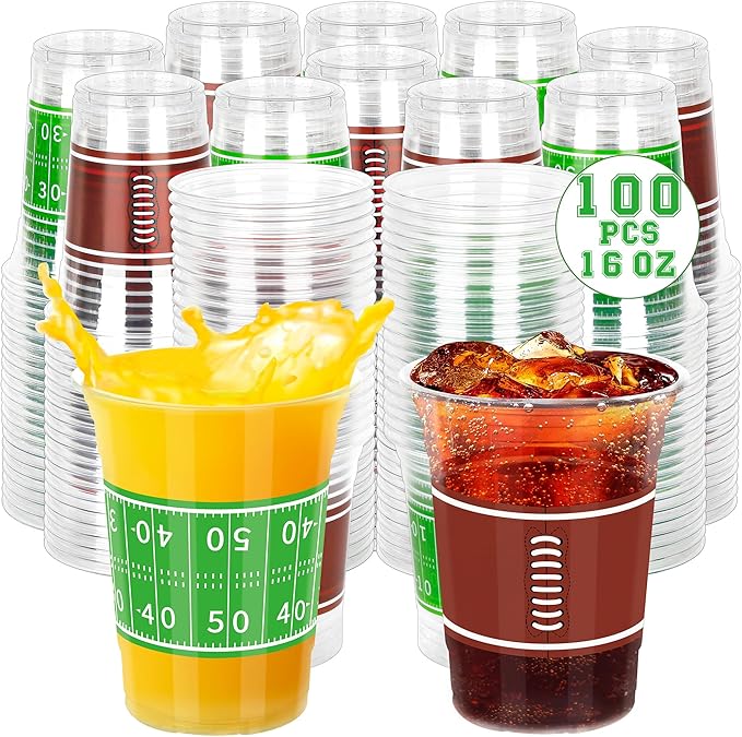 100 PCS Football Plastic Cups, 16 OZ Plastic Cups, Brown Green Accessories Bulk, Disposable Cold Hot Drink Container for Football Party Supplies Touchdown Birthday Party Decorations, Decor
