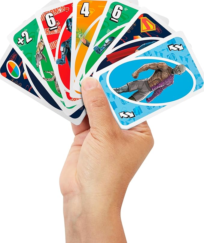 Mattel Games UNO Superman Card Game for Kids, Adults & Family Nights, Parties, Travel & Camping, Toy Collectible Inspired by The Movie