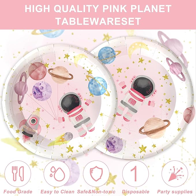 120PCS Space Party Supplies for Girls Baby Shower 1st 2nd Birthday Party Decorations Pink Moon Star Outer Space Planet Theme Plates Napkin Cups Forks Knives Tableware Set for 20 Guests