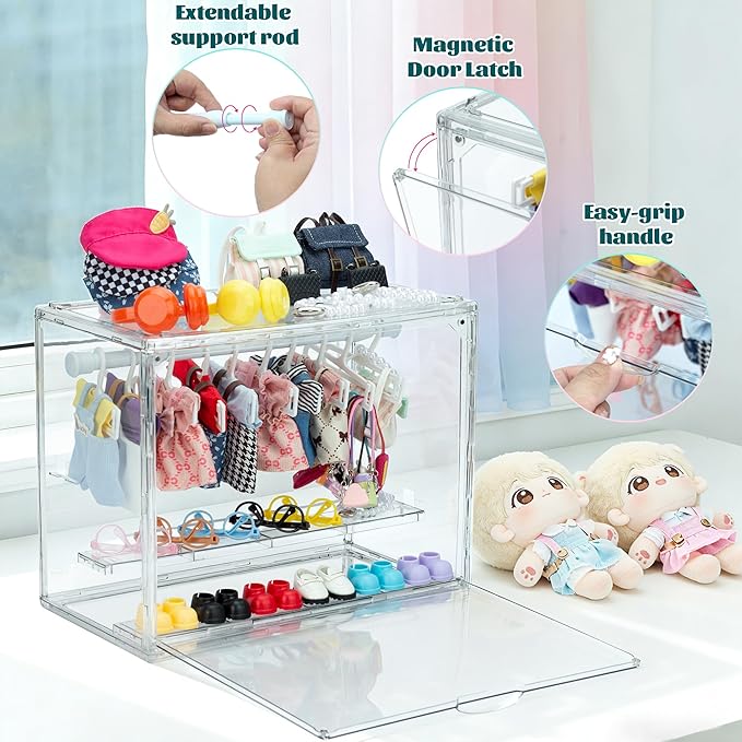 Clear Doll Wardrobe Storage Box,Doll Clothes Closet Desktop,Doll Accessories Display Box,Dolls Outfit Storage Organizer with Hangers & Rod(Not Include Any Accessories)