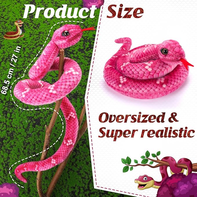 Snake Plush, Stuffed Snake Animal, 27 in Small Toy Snakes for Kids, Giant Stuffed Animals Snake, Lifelike Plush Snake for Birthday Present Party Prank Prop (Pink)