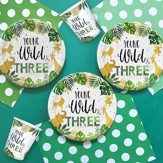 Young Wild And Three Decorations Tableware, Safari Jungle Theme 3rd Birthday Party Supplies Dinnerware Include Plates, Cup, Napkin, Cutlery, Tablecloth, For 3 Year Old Birthday Party | Serves 24