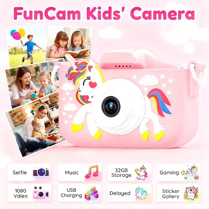 Kids Digital Camera Toy for Boys and Girls Aged 3-12, Unicorn 1080P Children's Camera, Christmas Birthday Gift, Toddler Digital Video Camera for Girls with 32GB SD Card/Reader (Pink)