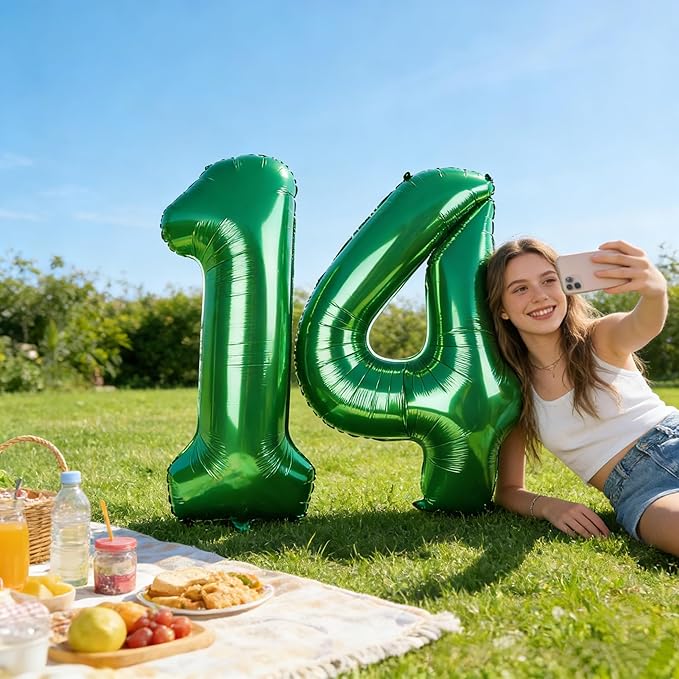 Balloon 14 Numbers, Large 14th Dark Green Birthday Decorations for 1 4 14 41, 40 Inch Foil Balloon for Wedding Engagement Photo Shoot Memorial Day's Supplies