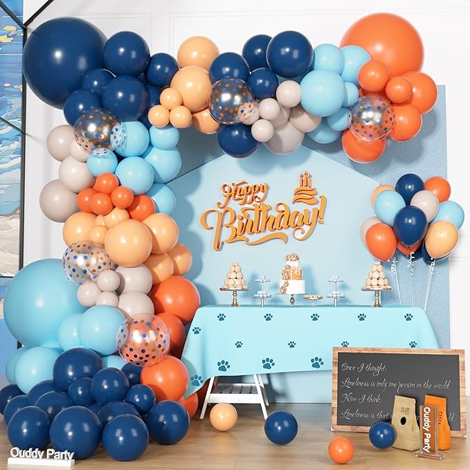 170Pcs Blue and Orange Balloons Arch Garland Kit, Navy Light Blue Orange Beige Confetti Balloons for Engagement Wedding Cartoon Dog Themed Birthday Party Decorations Supplies