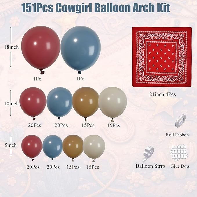 Cowgirl Balloon Arch Kit, Dusty Blue Dusty Pink Sand White Light Brown Balloon Garland with Paisley Bandana, for Western Rodeo Birthday Baby Shower Party Decorations
