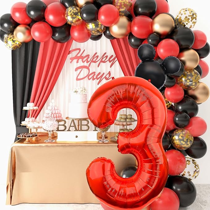 Mouse Number 3 Balloon 40 Inch Red Number 3 Balloon Mini Mouse Head Balloons for 3rd Birthday Party, Black Red Large Numeral Foil Balloons for Baby Shower Anniversary Supplies Decorations