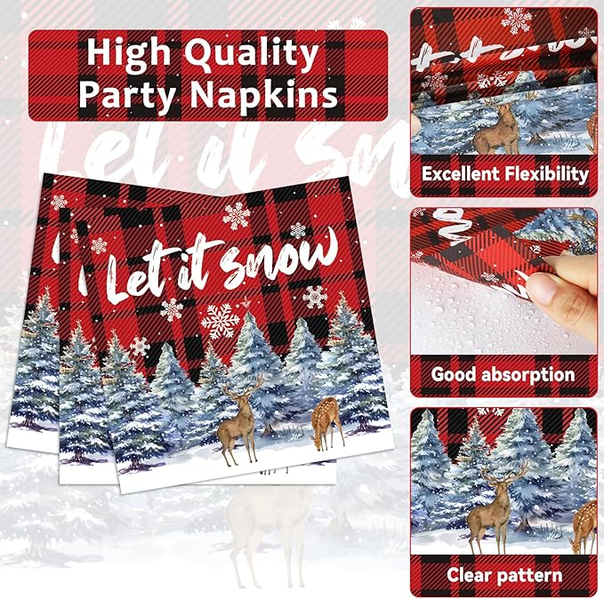 gisgfim 96 Pcs Christmas Party Supplies Paper Plates Napkins Christmas Checkered Buffalo Plaid Snowflake Party Tableware Disposable Dinnerware Decorations Favors for Xmas Winter Holiday Serves 24