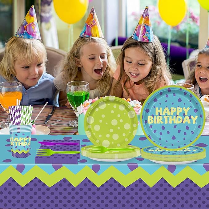 169PCS Monster Birthday Party Supplies for Boys Girl 1st 2nd Green and Purple Cartoon Themed Party Decorations with Paper Plates Cups Forks Knives and Straws Tableware Set for 24 Guests