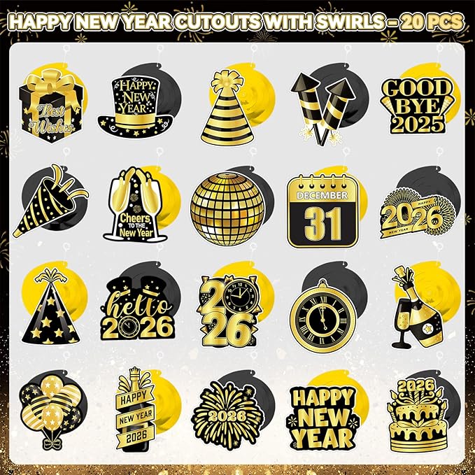 40Pcs Happy New Year Decorations Hanging Swirls, Black and Gold Happy New Year Hanging Swirls Ceiling Decor for New Year's Eve Party Decorations Supplies 2026