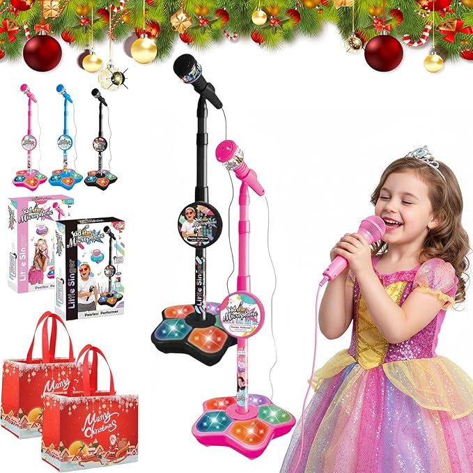 The All-in-One Microphone Toy, 2026 New Kids Karaoke Machine Toys with Adjustable Stand, Colorful Lights, and Echo Effect, for Boys and Girls Christmas Birthday (2PCS A)
