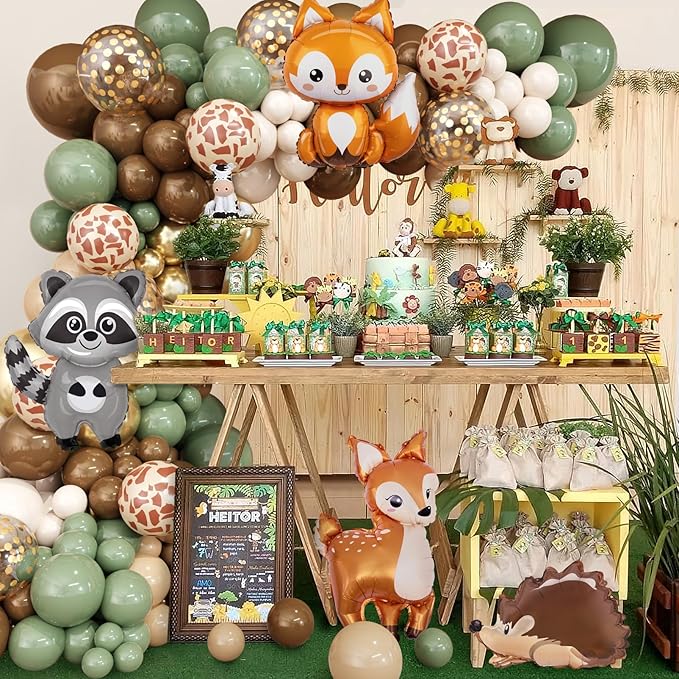 Amandir 137pcs Woodland Animals Baby Shower Decoration Boxes Sage Green Brown Balloon Garland Arch Kit Woodland Themed Animal Foil Balloons for Neutral Forest Jungle Safari Party Supplies