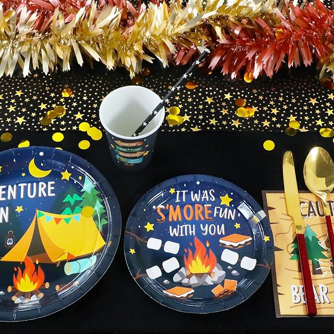 Camping Party Supplies Decorations, Campfire Hiking Camper Theme Birthday Paper Plates and Napkins Set with Cups and Straws for 24 Guests, 120 Pcs Disposable Party Snack Dinnerwares