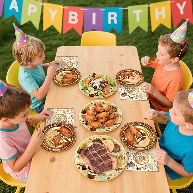 Coffee Party Supplies - Coffee Party Tableware - Dinner Plates, Dessert Plates, Napkins, Forks for Coffee Birthday Party Decorations, Baby Shower Supplies, Serves 25