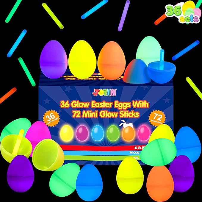 JOYIN 36 Pcs Easter Eggs with 72 Pcs Mini Glow Sticks for Kids Glow-in-The-Dark Basket Stuffers Fillers Gift, Easter Eggs Hunt Game Party Favors Classroom Decorations Supplies