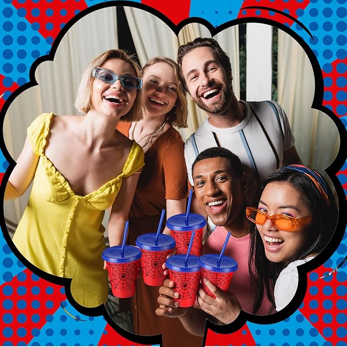 12 Pcs 16 oz Spider Cups Bulk, Spider Birthday Party Favors Cups with Lids and Straws, Plastic Cup for Birthday Party Decorations Celebration Birthdayy Partty Favor Supplies for Friends