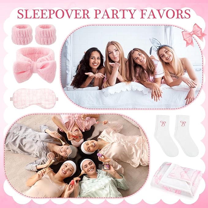 Honeydak 36 Pcs/ 6 Sets Sleepover Party Supplies Throw Blankets Fuzzy Socks Bow Eye Masks Headbands Wristbands with Bags for Slumber Spa Party Favors Girls Women Coquette Gifts
