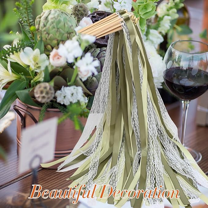50Pcs Ribbon Sticks Wands Streamers with Bells Silk Fairy Lace Stick Party Ribbon Streamers for Wedding Party, Birthday and Holiday Activities-Green