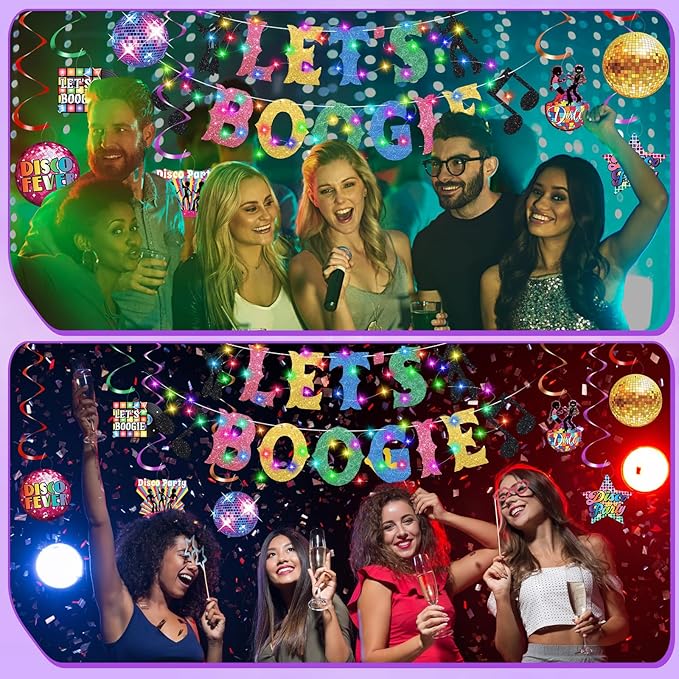 Epakh 35 Pcs 70s Disco Party Decorations with LED Color Lights 70s Party Banner and Hanging Swirls Disco Ceiling Hanging Decor for Back to Birthday Rock Hippie Boogie Party Supplies