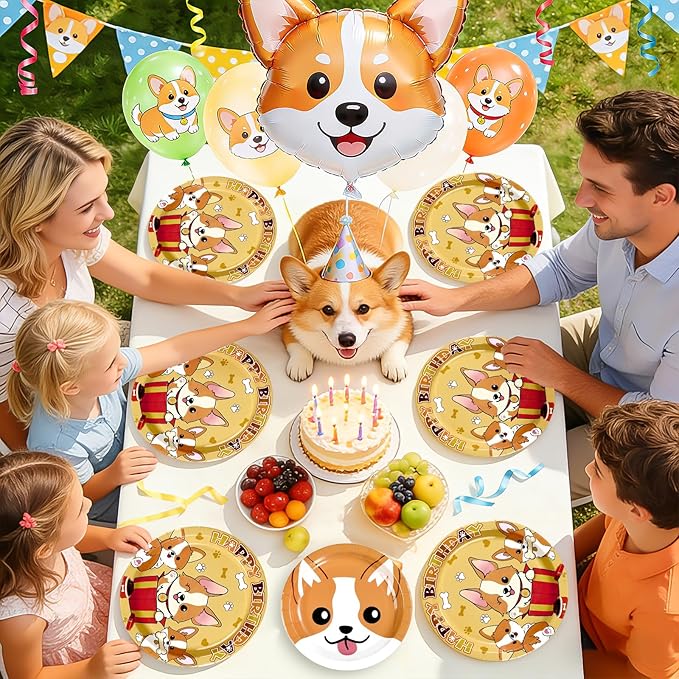 96Pcs Corgi Welsh Dog Birthday Party Decoration Cartoon Puppy Plates and Napkins Cute Corgi Themed Tableware Set for Kids Birthday Baby Shower Pets Dog Gotcha Day Party Supplies, Serves 24
