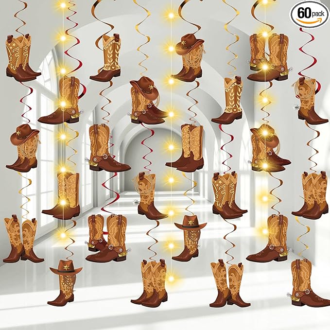 Capoda 57 Pcs Western Cowboy Party Decorations Cowboy Boot Hanging Swirl Decorations with Led Lights West Boot Banner Ceiling Streamers for Wild West Themed Birthday Party Supplies Decor