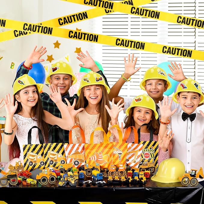 Sratte 148 Pcs Construction Birthday Party Supplies Include 12 Construction Hat, 24 Truck Toy, 24 Vehicle Sticker, 12 Silicone Bracelet, 12 Goodie Bag, 12 Paper Glasses, 50 Shovel, 1 Tablecloth 1 Tape