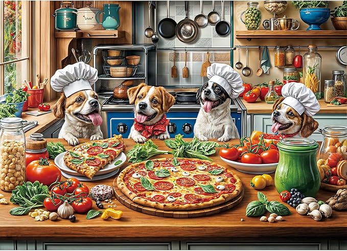 Funny Dog Pizza Jigsaw Puzzle, 1000 Piece Puzzle for Adults, Food Kitchen Puzzles, Animal Pet Lover Challenging Puzzles, Interlock Perfectly No Dust, Gifts for Easter Mother’s Day